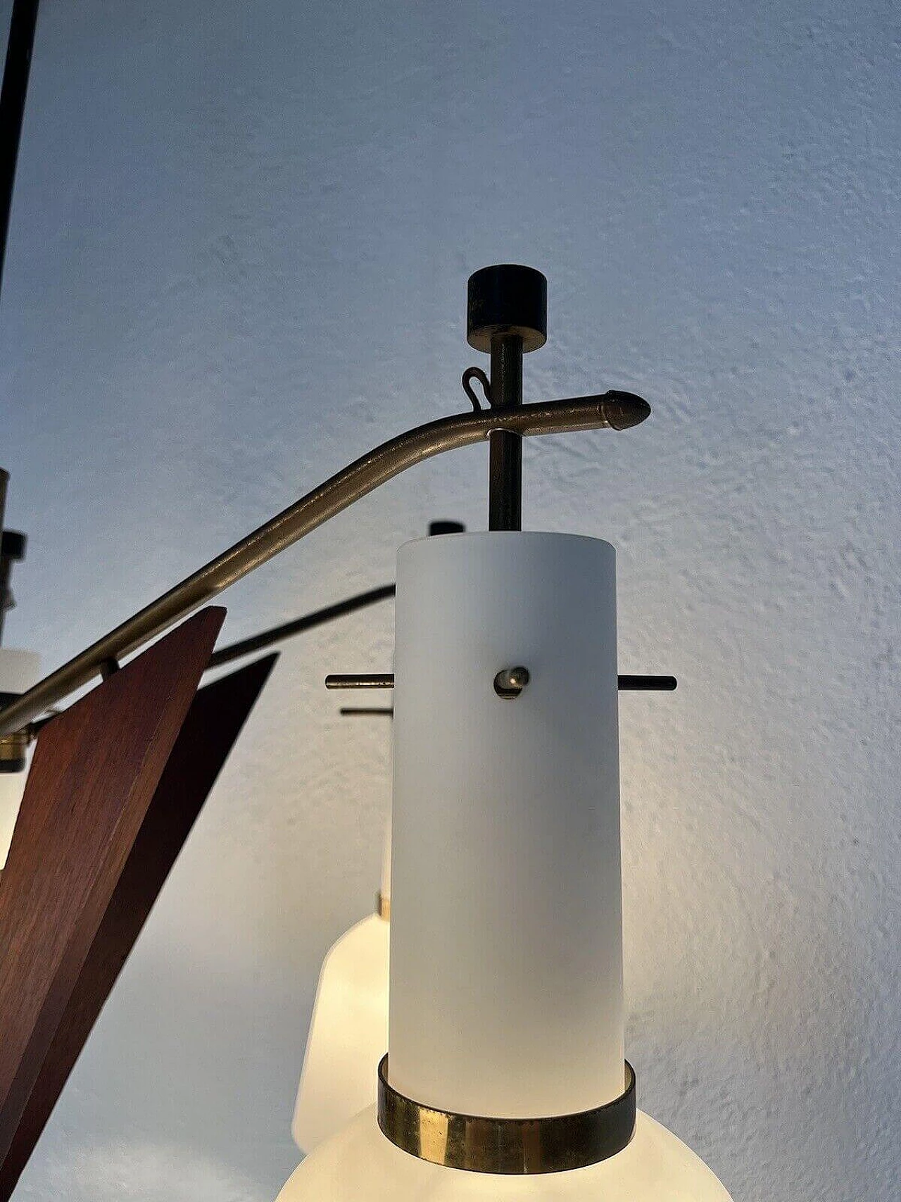 5-light glass, brass and teak chandelier, 1950s 4