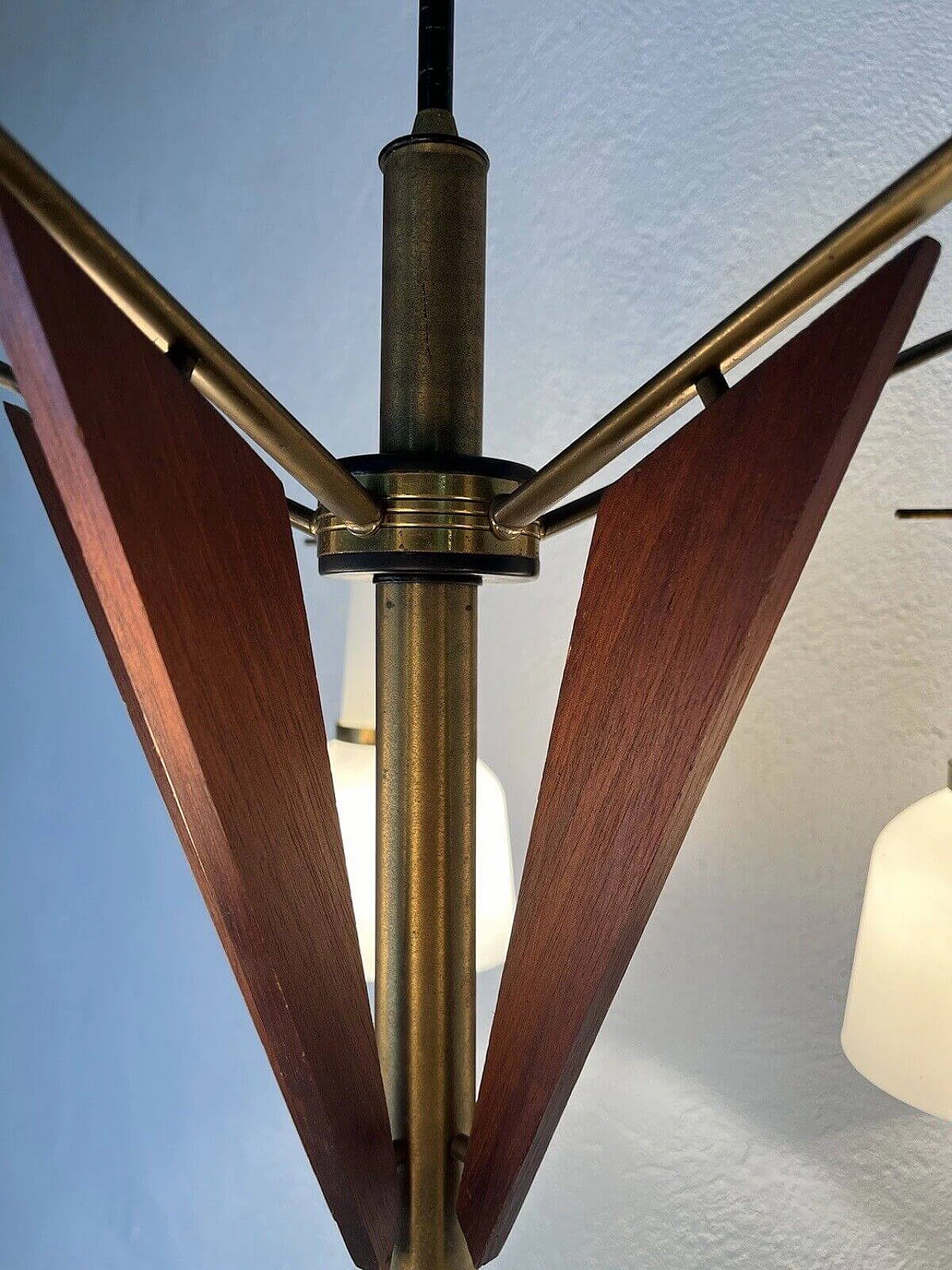5-light glass, brass and teak chandelier, 1950s 5