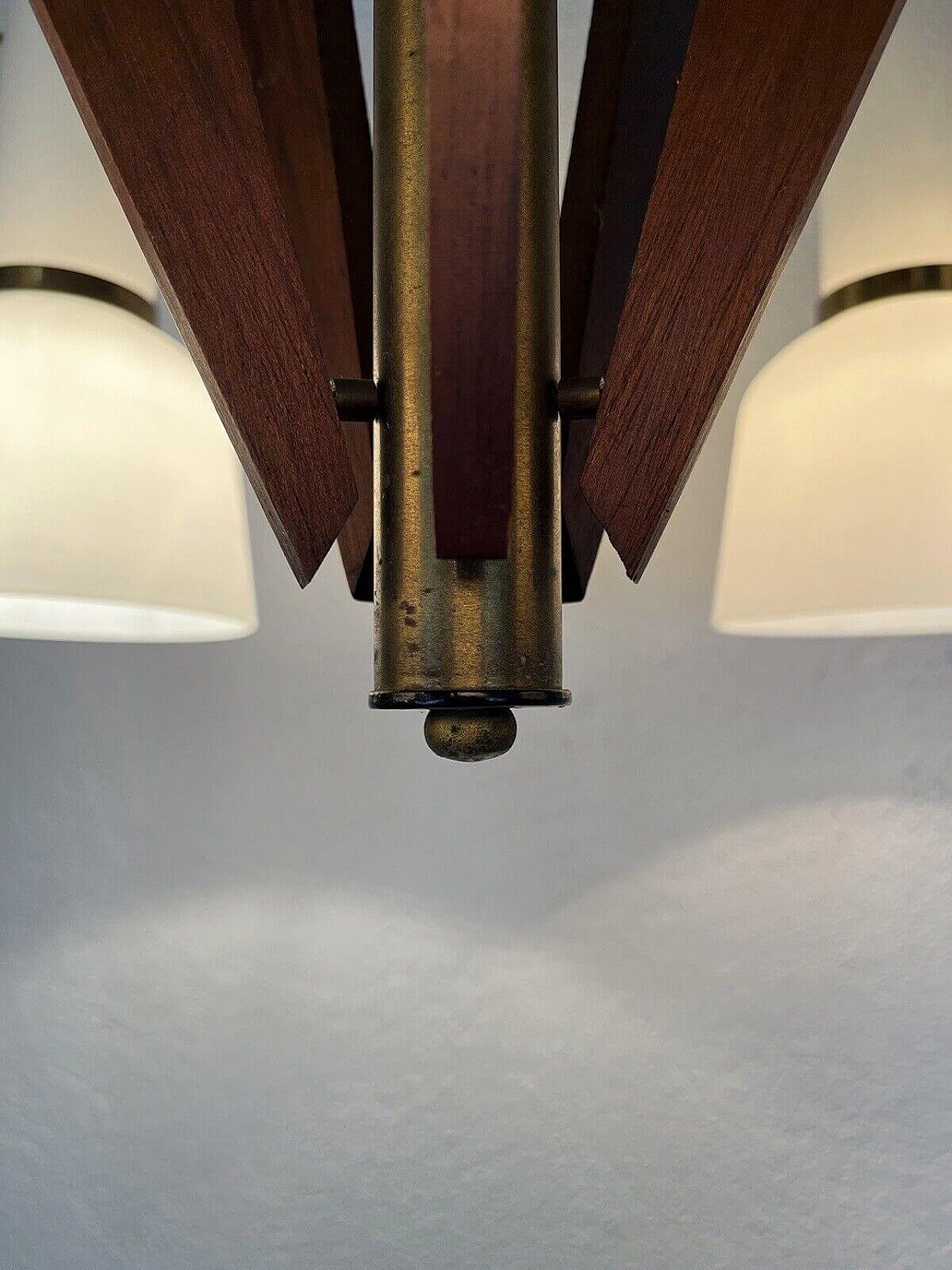 5-light glass, brass and teak chandelier, 1950s 6