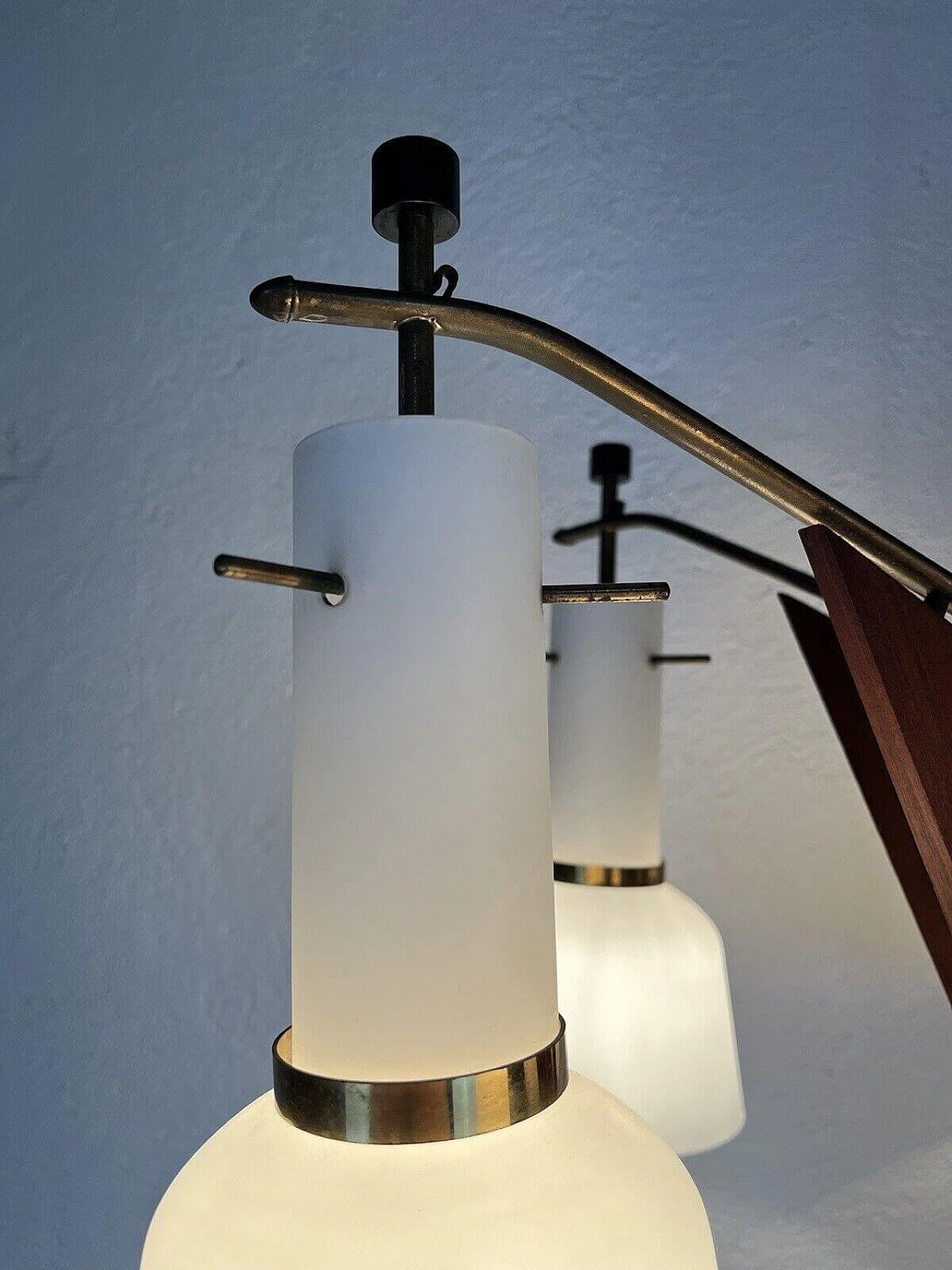 5-light glass, brass and teak chandelier, 1950s 7