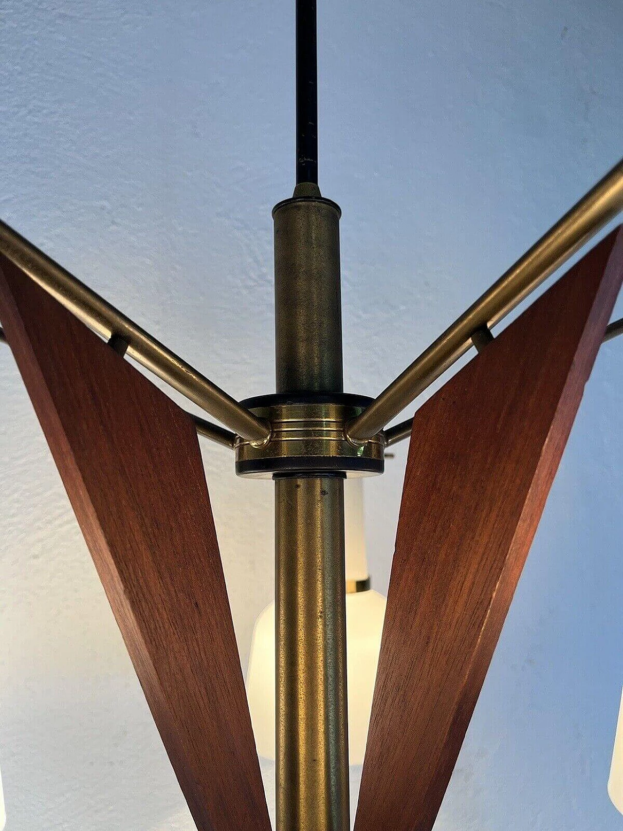 5-light glass, brass and teak chandelier, 1950s 8