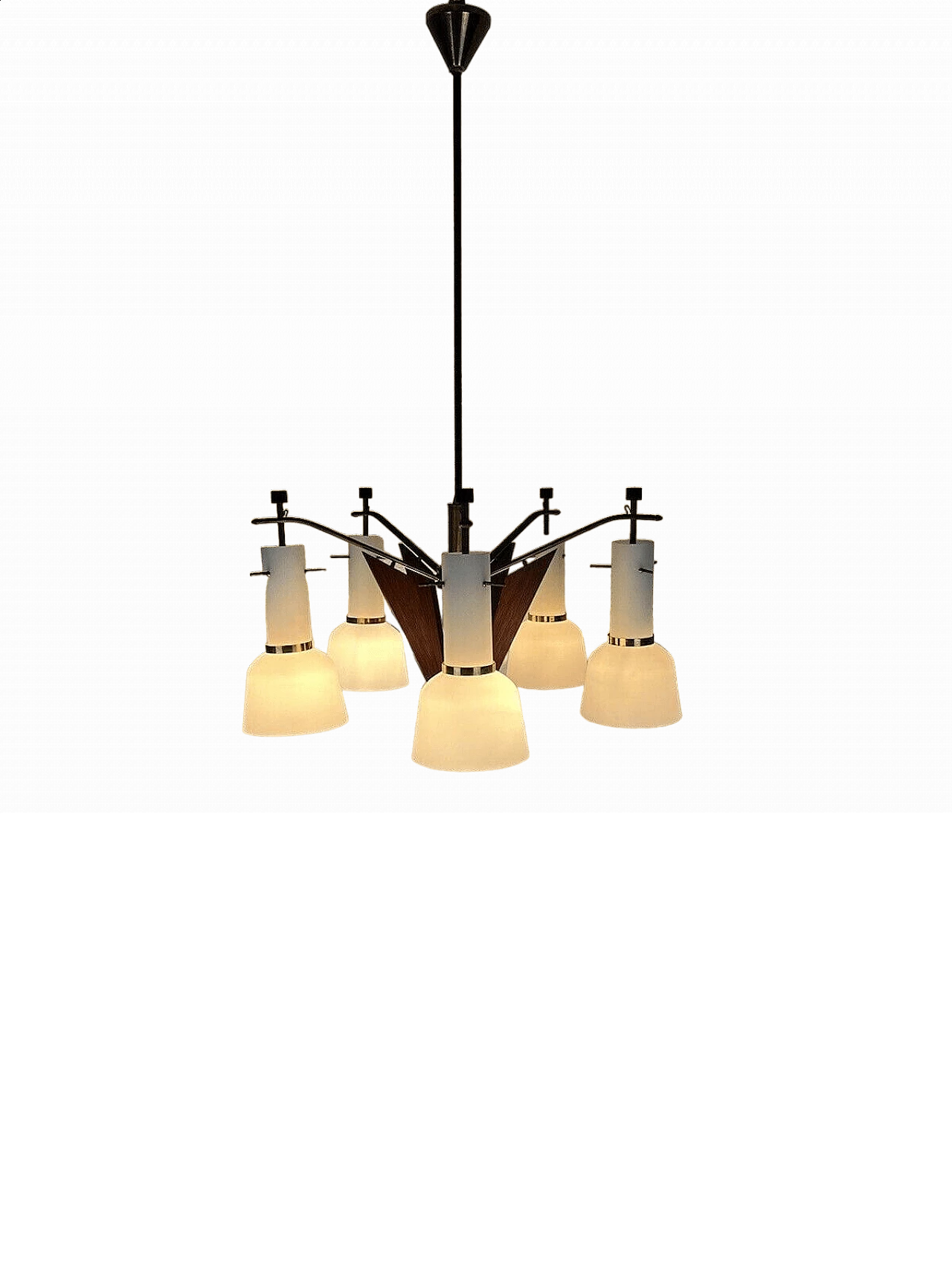 5-light glass, brass and teak chandelier, 1950s 10