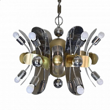 Space Age twelve-light steel and brass chandelier, 1970s