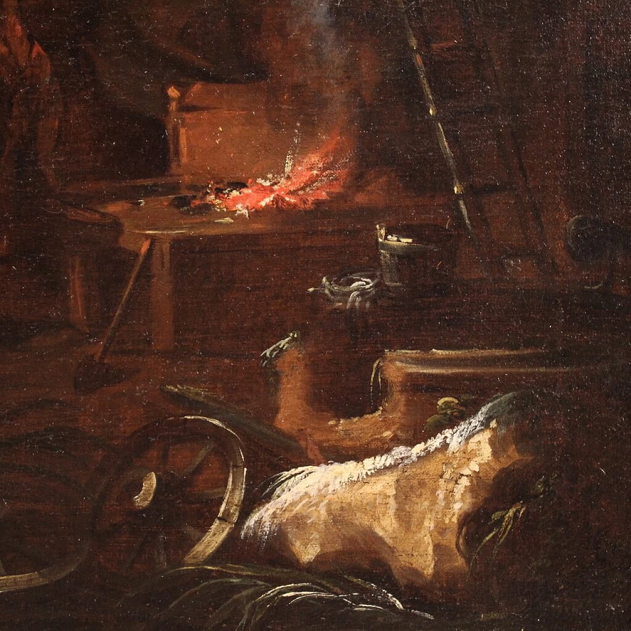 Paesaggio innevato con fucina del maniscalco, dipinto a olio su tela, prima metà del '700 12