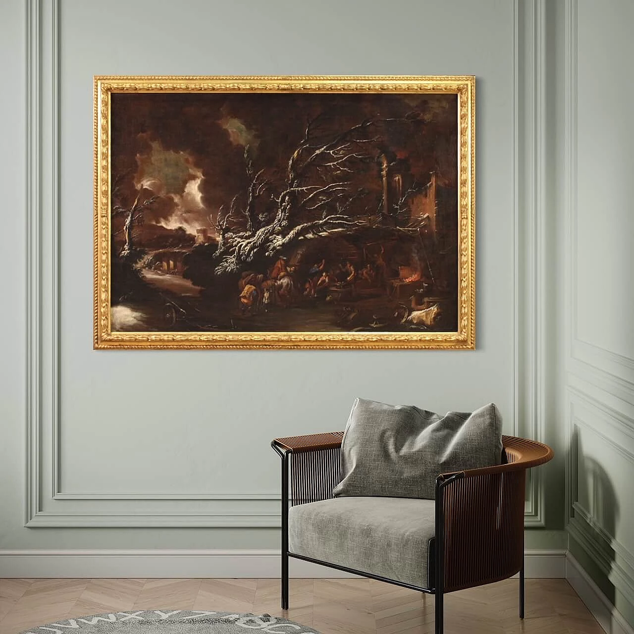 Paesaggio innevato con fucina del maniscalco, dipinto a olio su tela, prima metà del '700 13