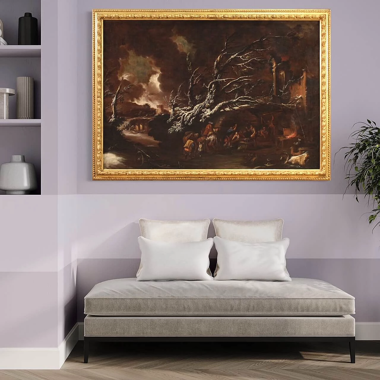 Paesaggio innevato con fucina del maniscalco, dipinto a olio su tela, prima metà del '700 15