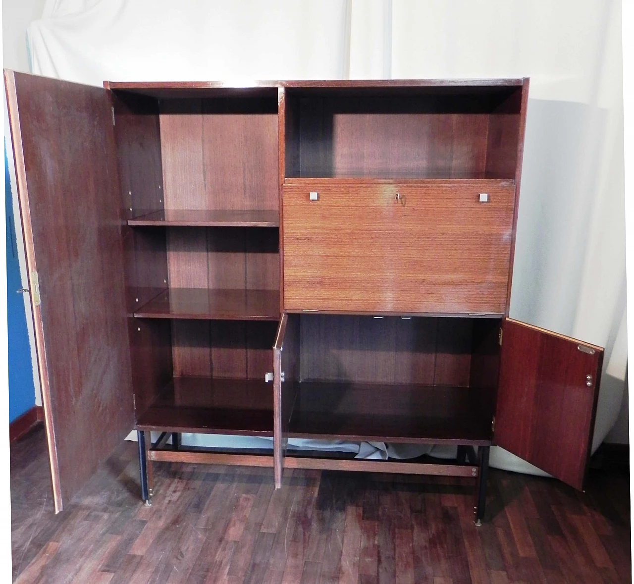 Teak veneered wood sideboard with bar compartment, 1950s 4