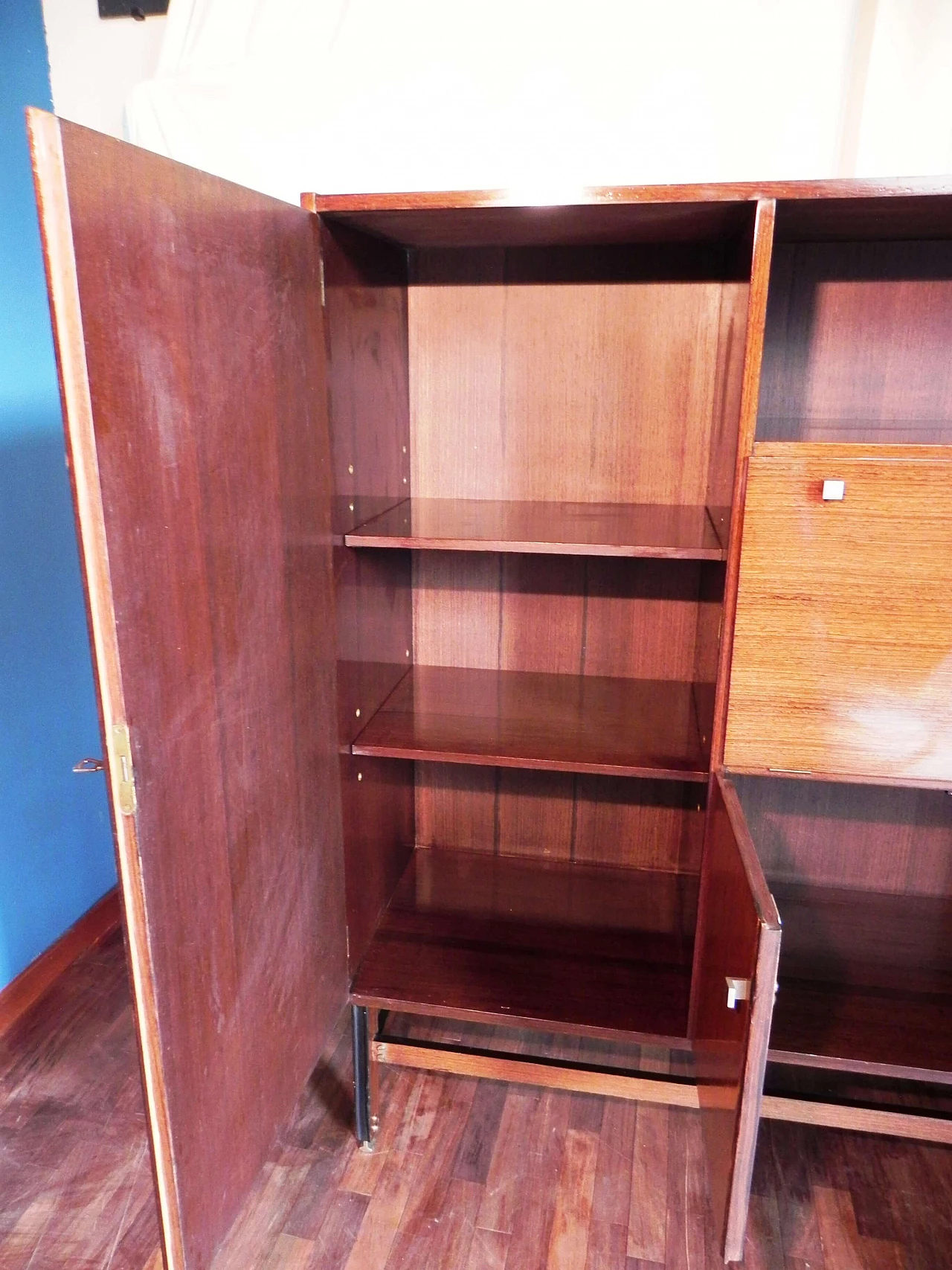 Teak veneered wood sideboard with bar compartment, 1950s 6