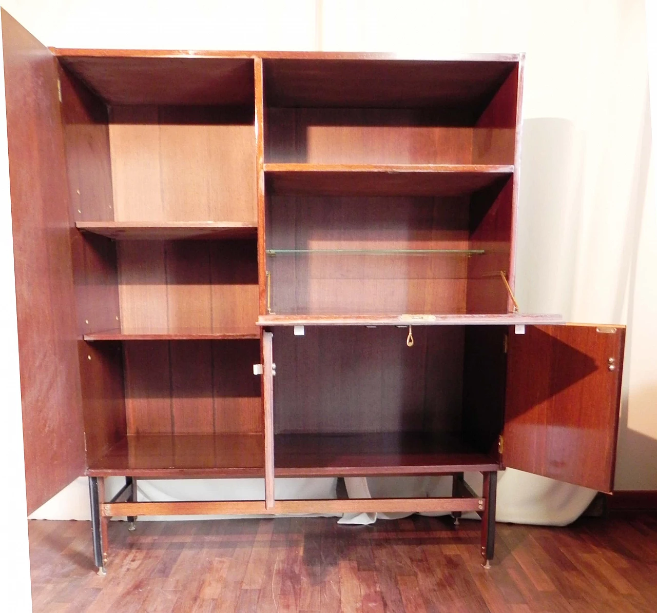 Teak veneered wood sideboard with bar compartment, 1950s 7