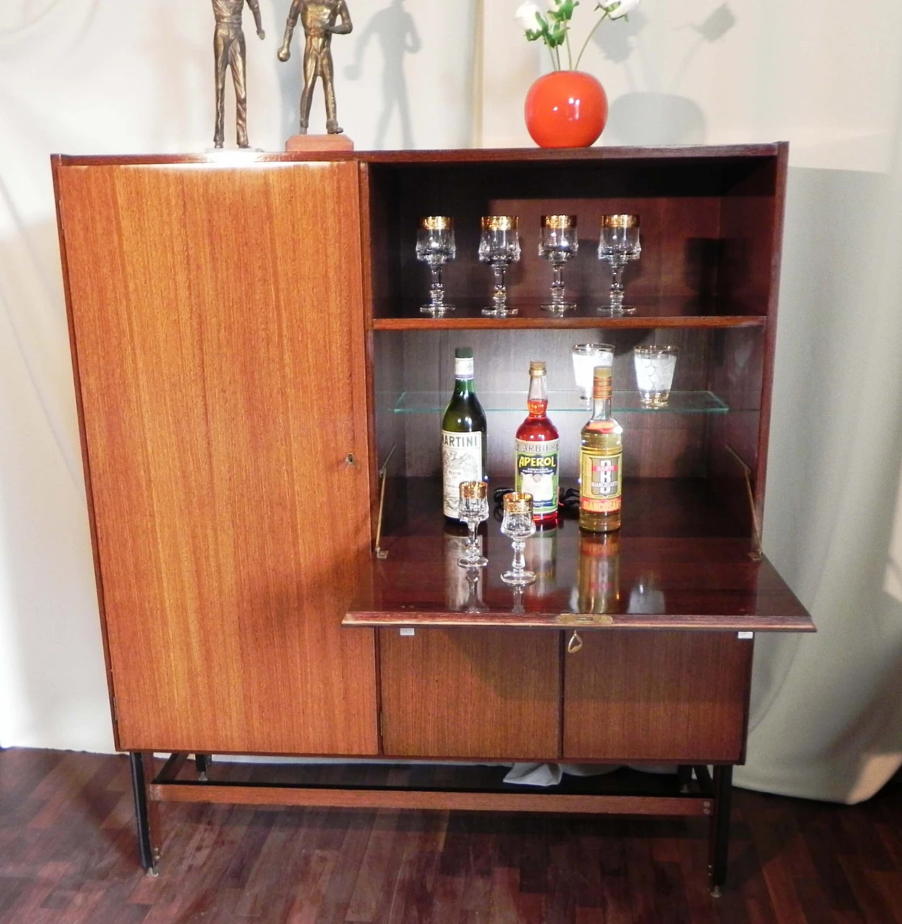 Teak veneered wood sideboard with bar compartment, 1950s 8