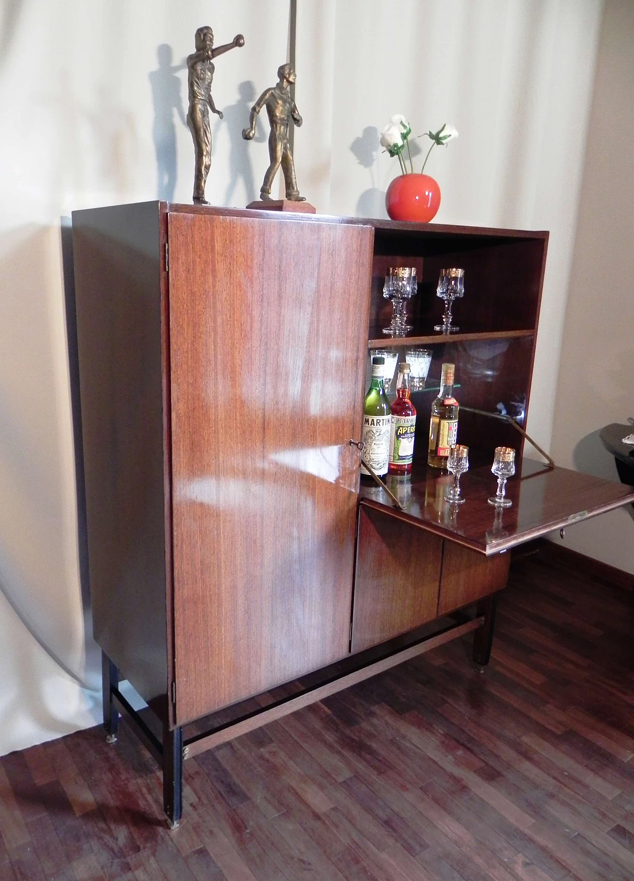 Teak veneered wood sideboard with bar compartment, 1950s 11