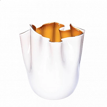 Fazzoletto vase in white and yellow Murano glass