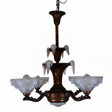 Art Deco five-light brass chandelier by Ezan France, 1930s