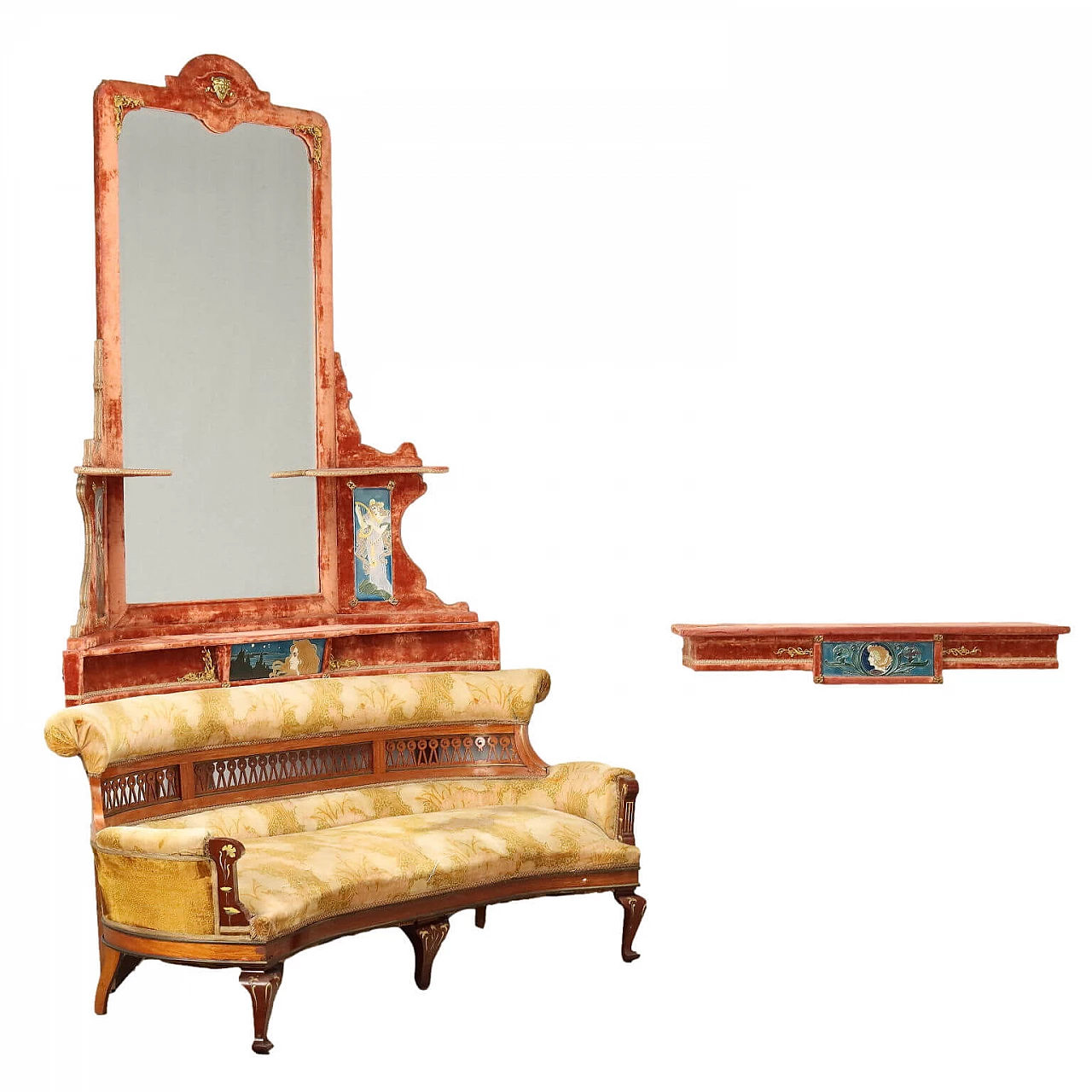Art Nouveau wood and velvet corner sofa with mirror and shelf, early 20th century 1
