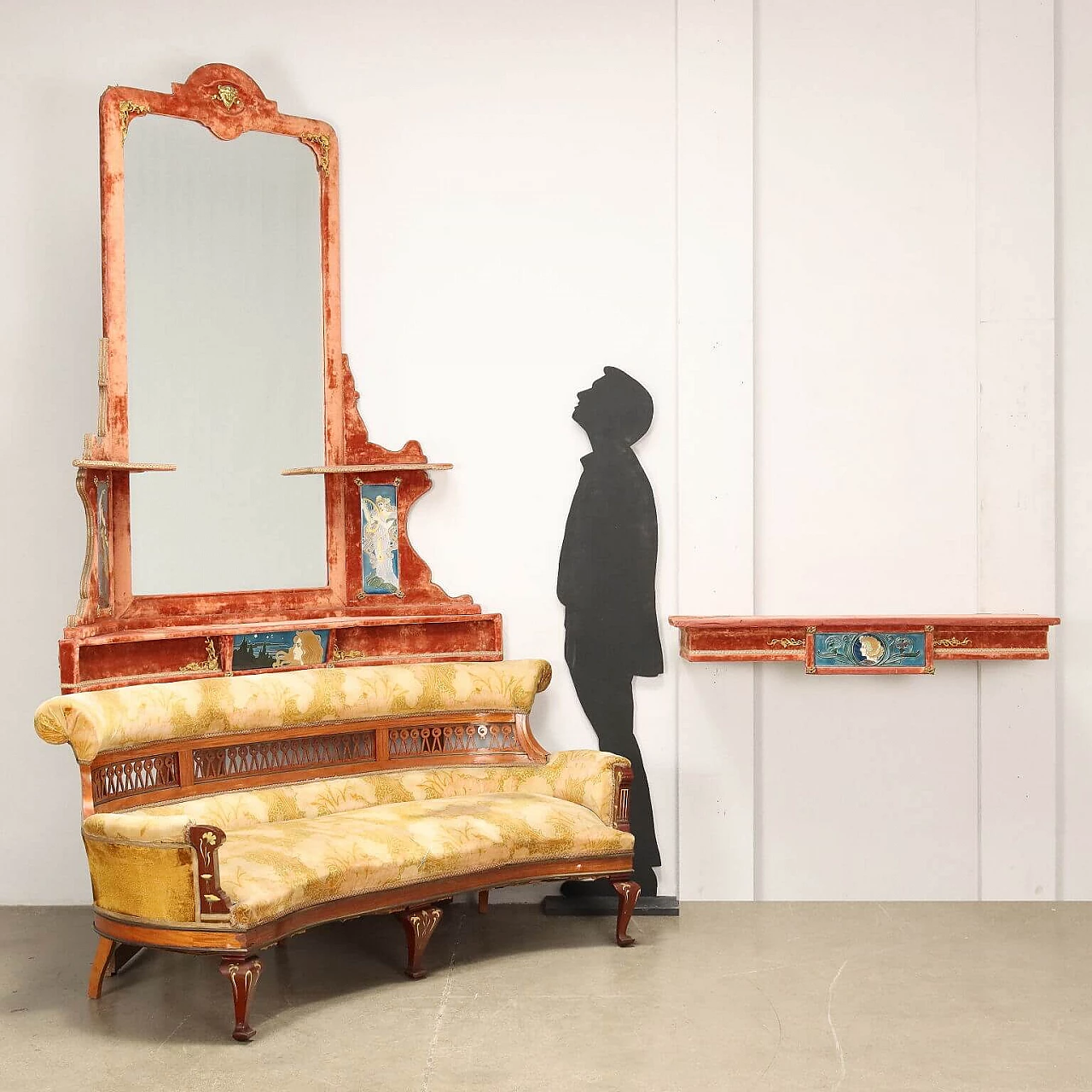 Art Nouveau wood and velvet corner sofa with mirror and shelf, early 20th century 2
