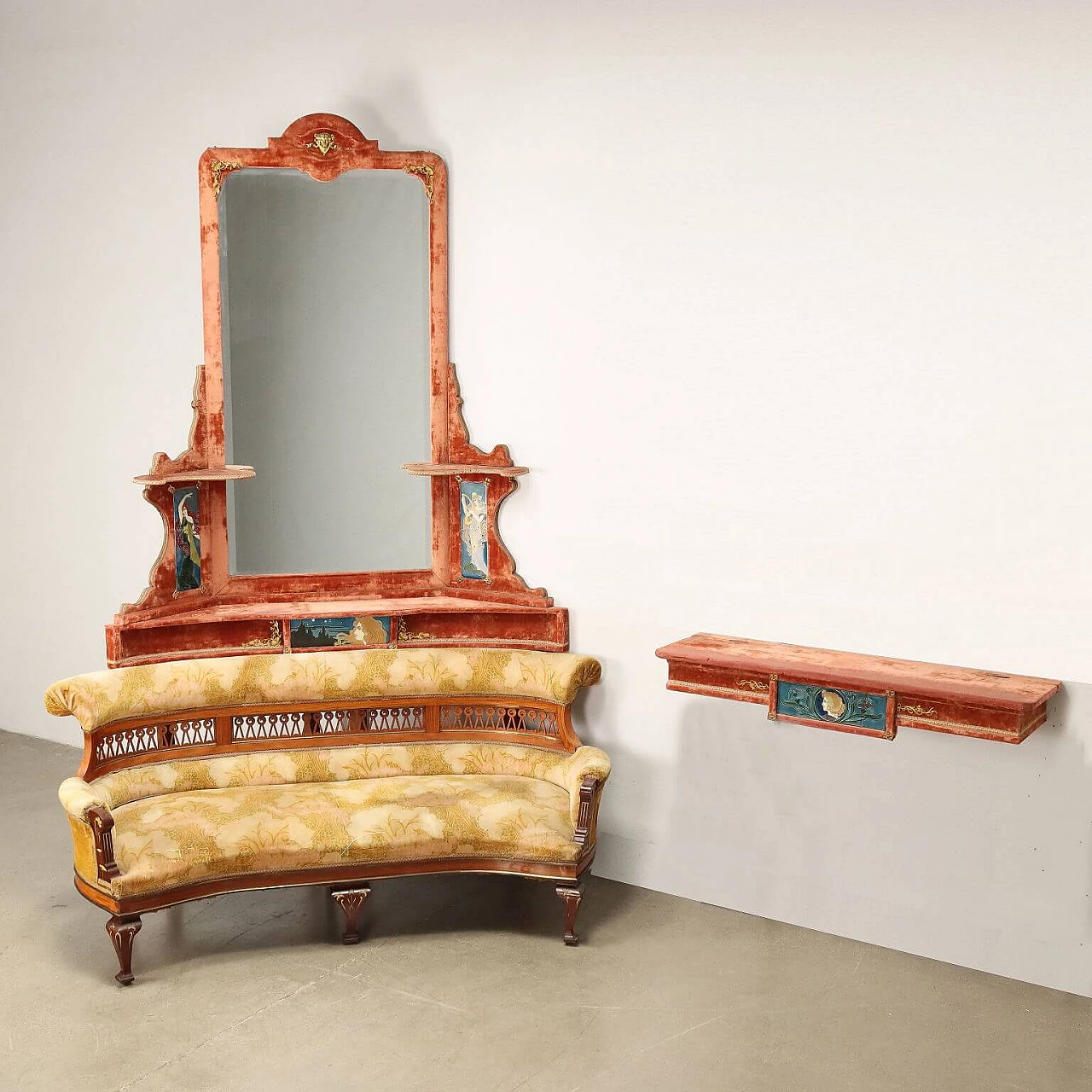 Art Nouveau wood and velvet corner sofa with mirror and shelf, early 20th century 3