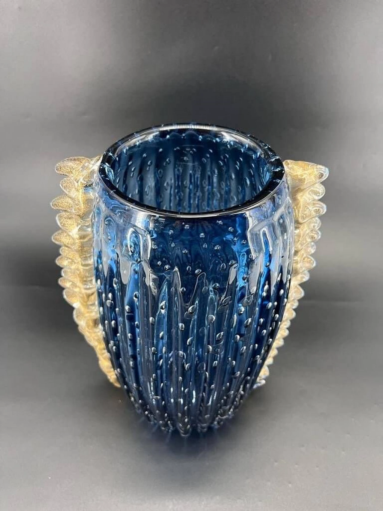 Vaso in vetro di Murano blu e con foglia oro 24 kt 1