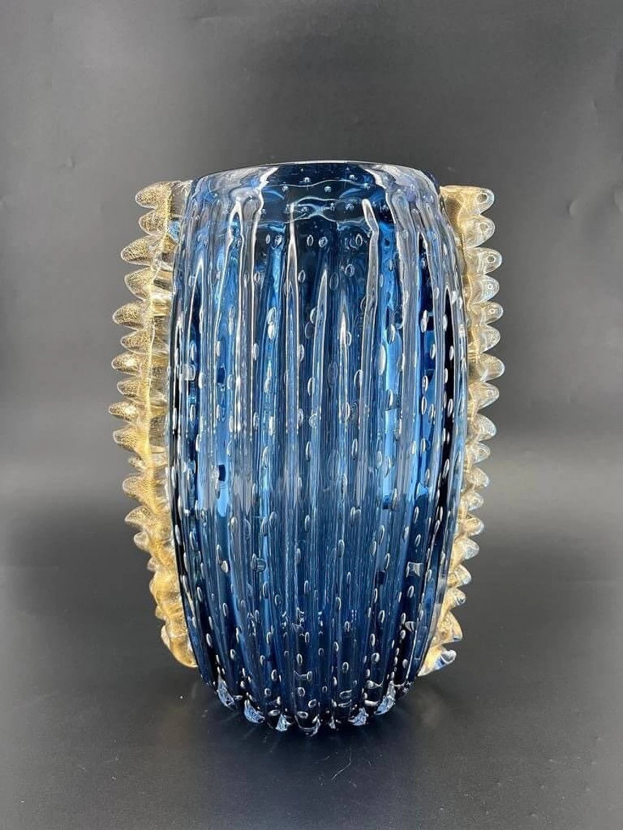 Vaso in vetro di Murano blu e con foglia oro 24 kt 3