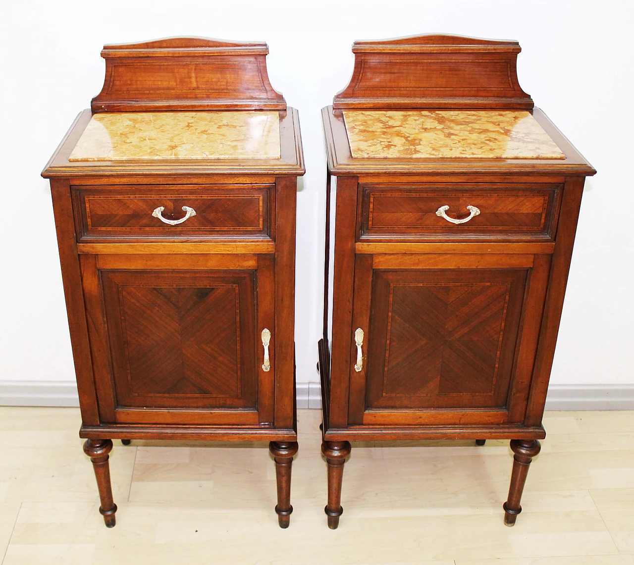 Pair of solid walnut bedside tables with inlays and pink marble top, 1920s 1