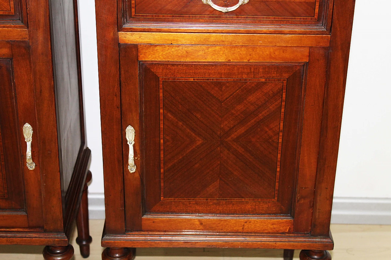 Pair of solid walnut bedside tables with inlays and pink marble top, 1920s 7