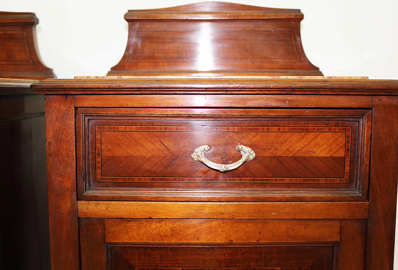 Pair of solid walnut bedside tables with inlays and pink marble top, 1920s 8