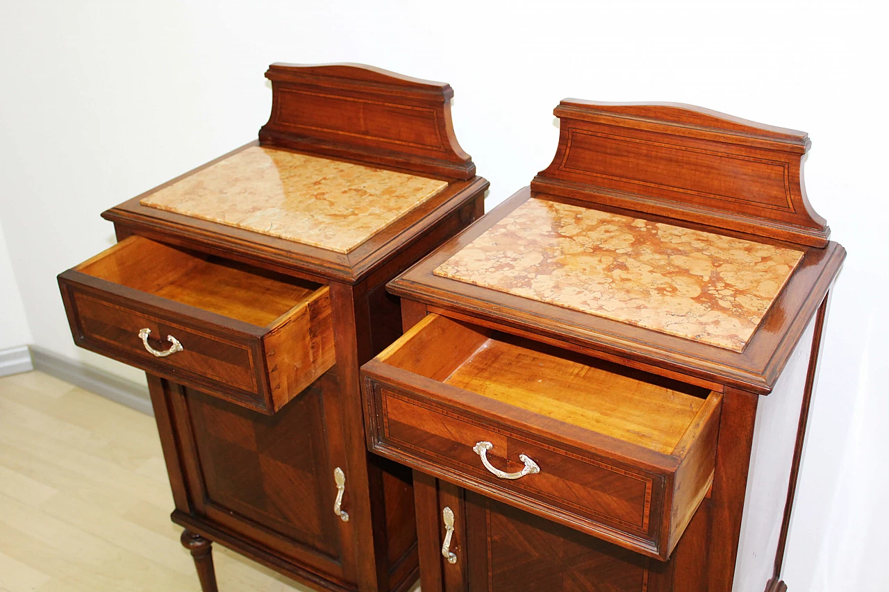 Pair of solid walnut bedside tables with inlays and pink marble top, 1920s 9