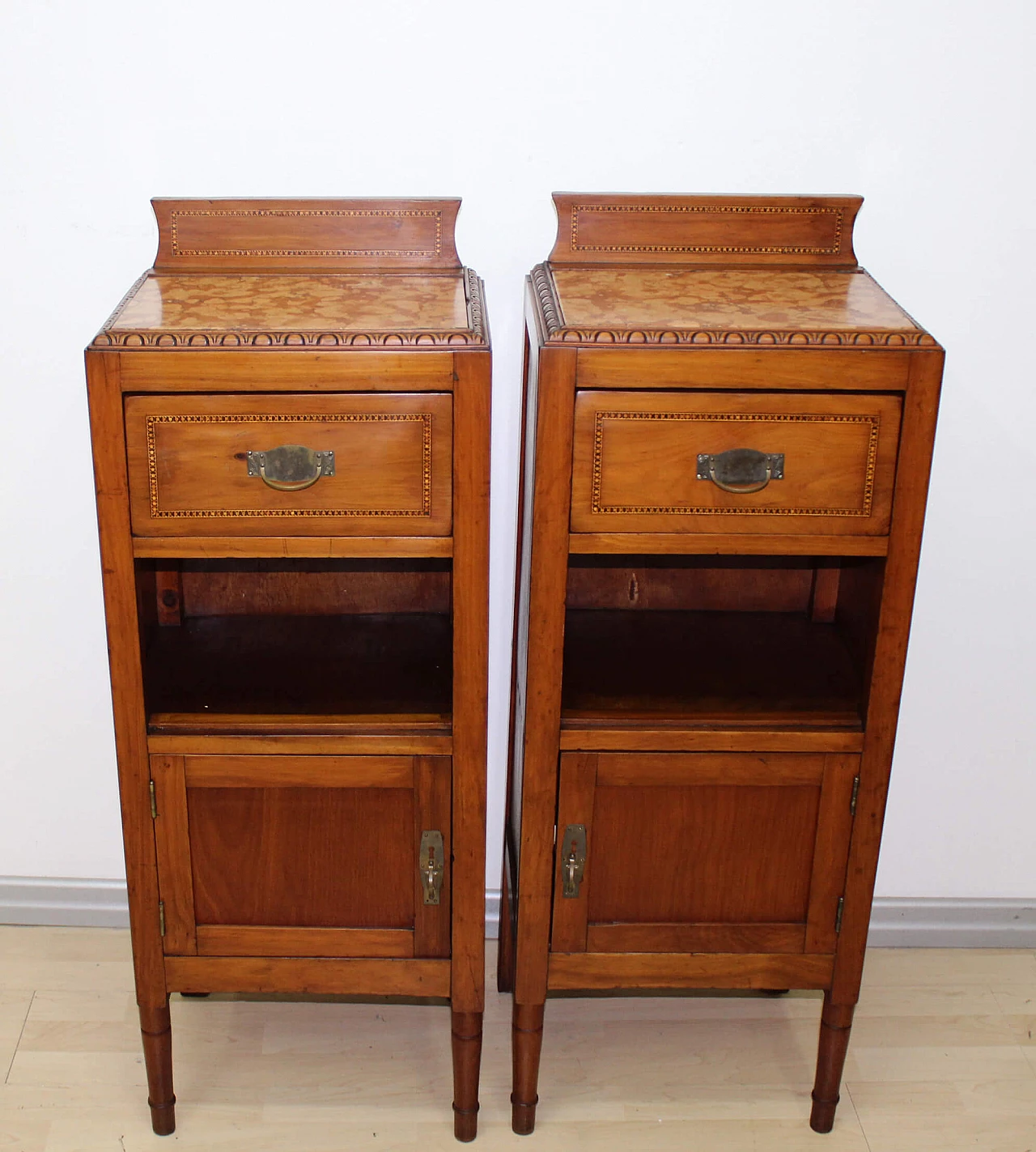 Pair of solid walnut bedside tables with marble top, early 20th century 1