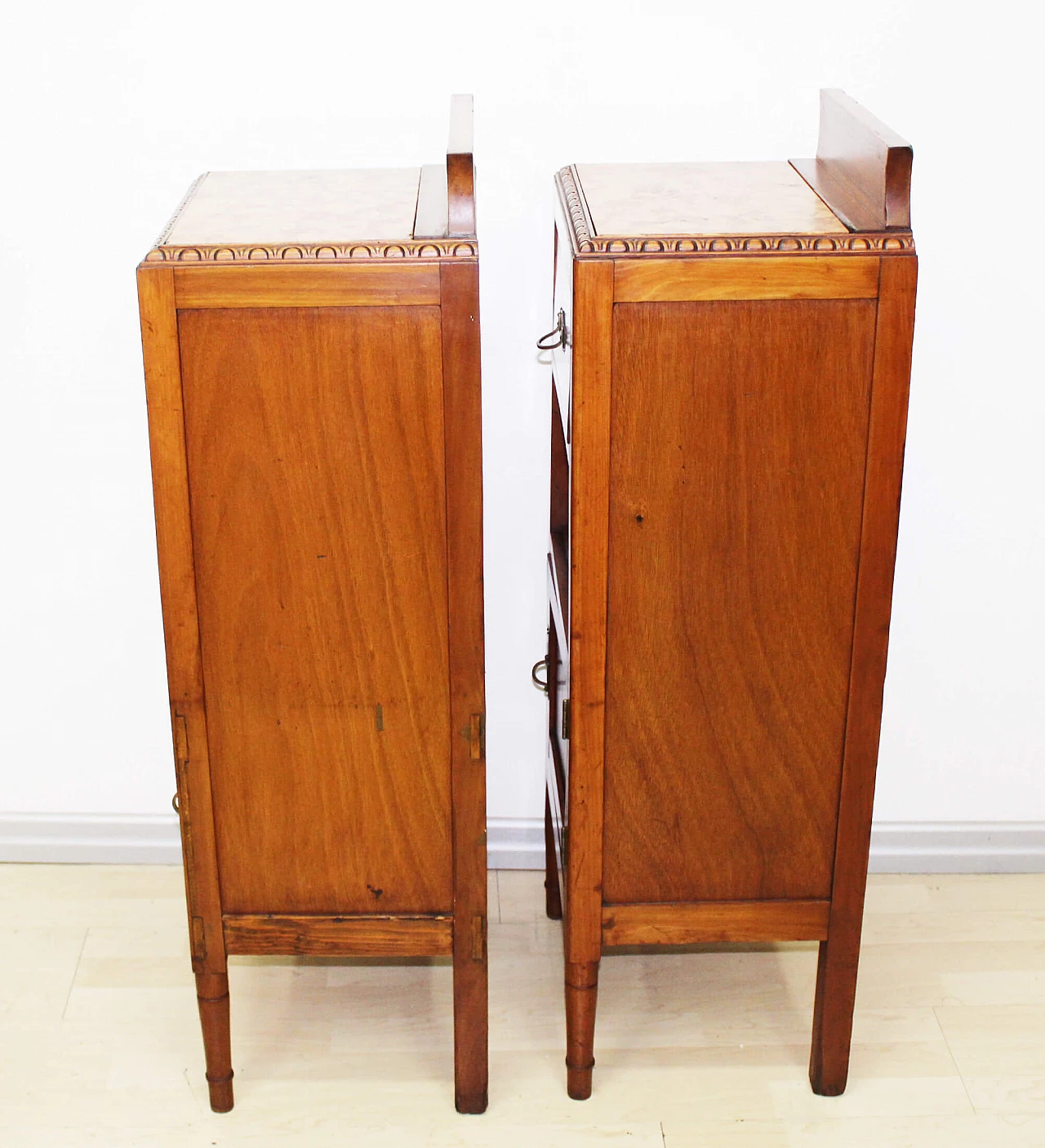 Pair of solid walnut bedside tables with marble top, early 20th century 3