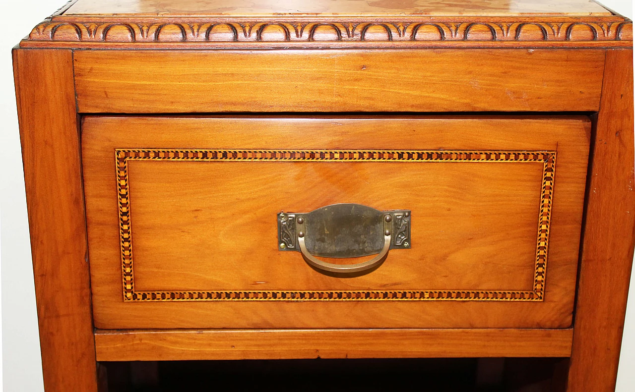 Pair of solid walnut bedside tables with marble top, early 20th century 7