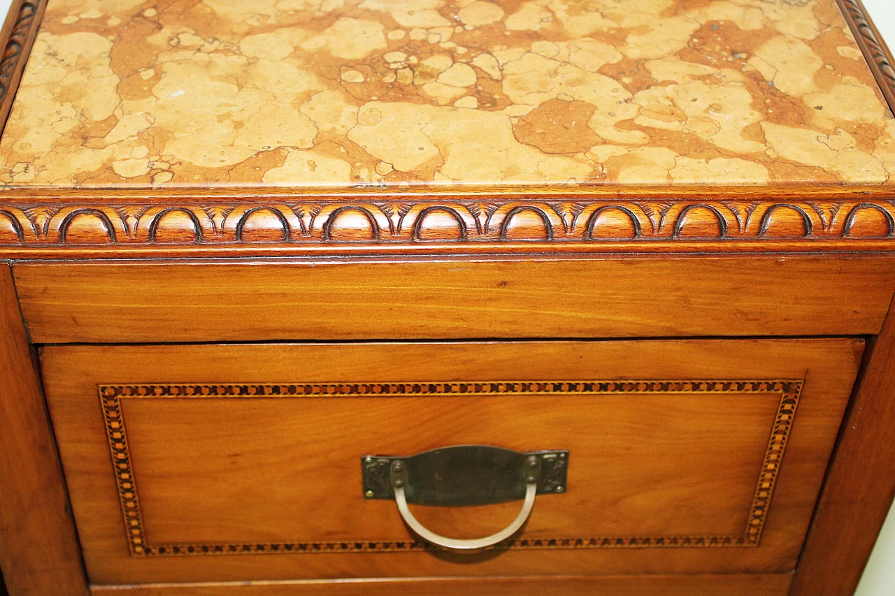 Pair of solid walnut bedside tables with marble top, early 20th century 8