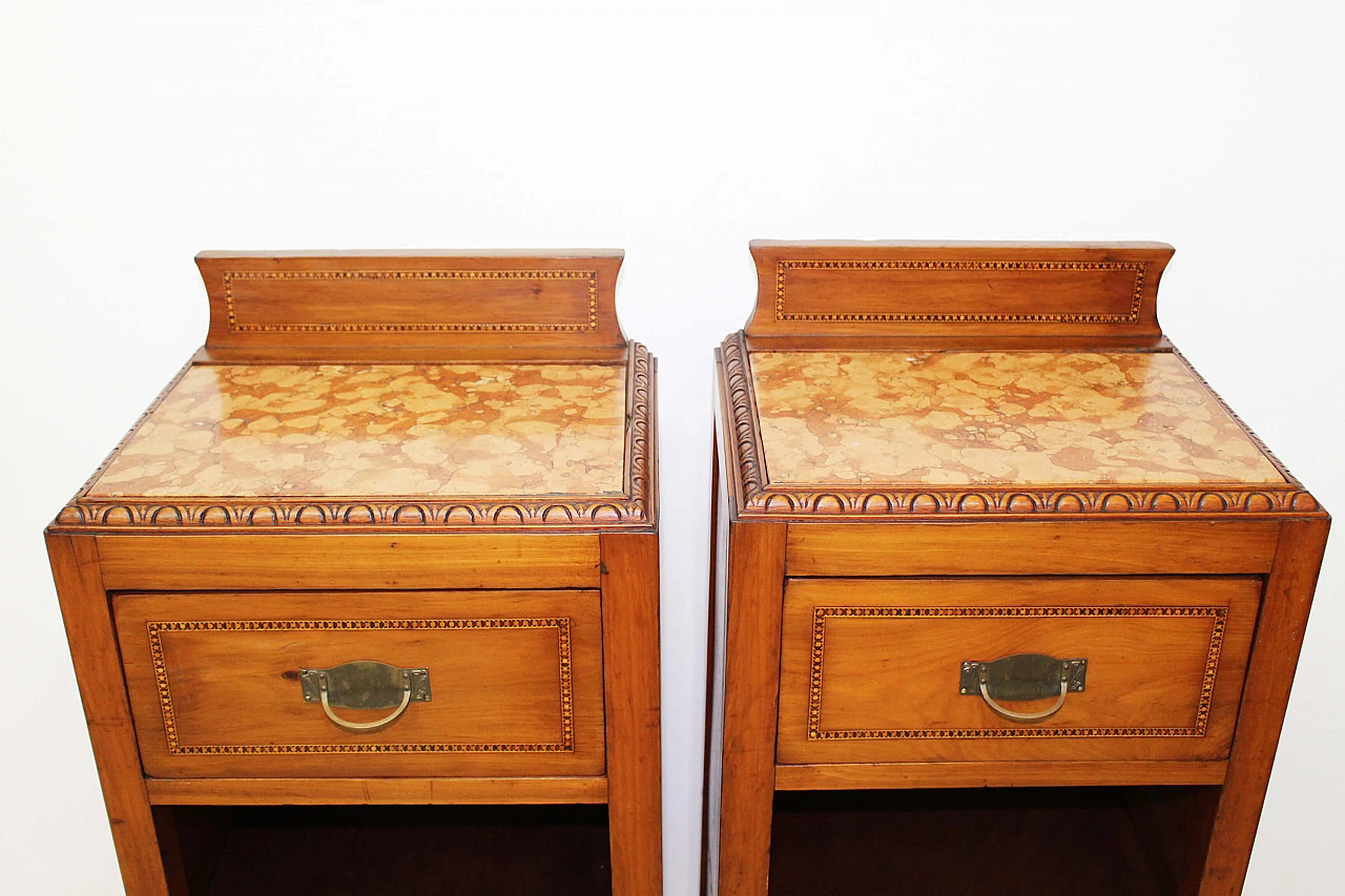 Pair of solid walnut bedside tables with marble top, early 20th century 9