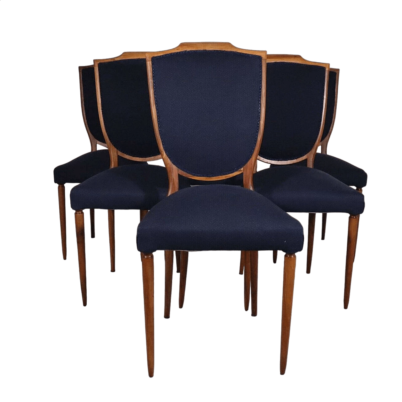 6 Walnut and blue fabric chairs by Paolo Buffa, 1950s 7