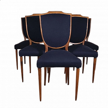 6 Walnut and blue fabric chairs by Paolo Buffa, 1950s
