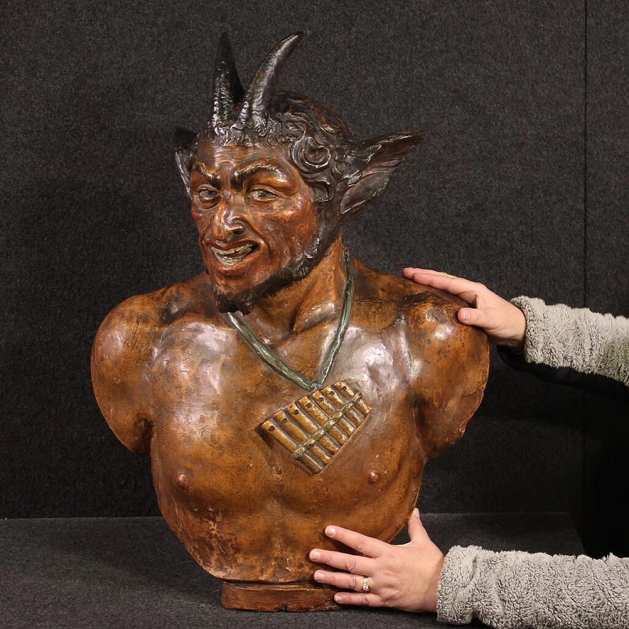 Bust of Pan, polychrome terracotta sculpture, second half of the 19th century 2