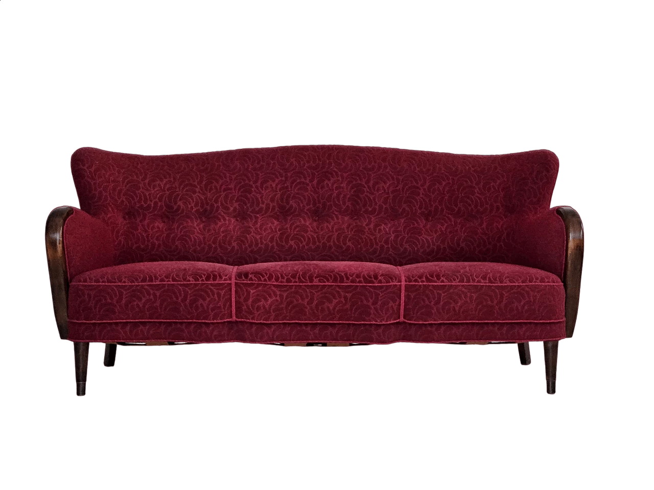 Danish three-seater beech and red fabric sofa, 1960s 17