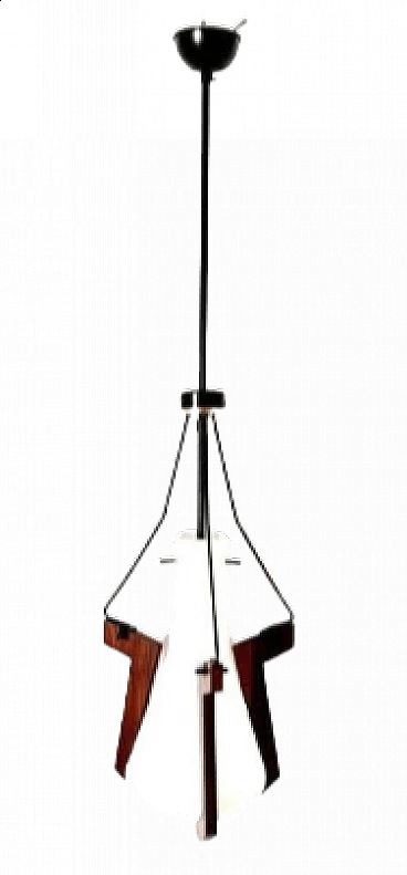 Lampada a sospensione in vetro, ferro e teak di Stilnovo, anni '50