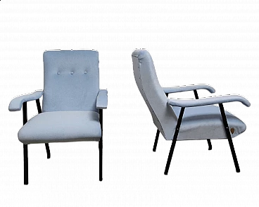 Pair of black metal and light blue fabric armchairs, 1970s