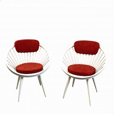 Pair of Circle armchairs in white lacquered wood by Yngve Ekstrom, 1960s