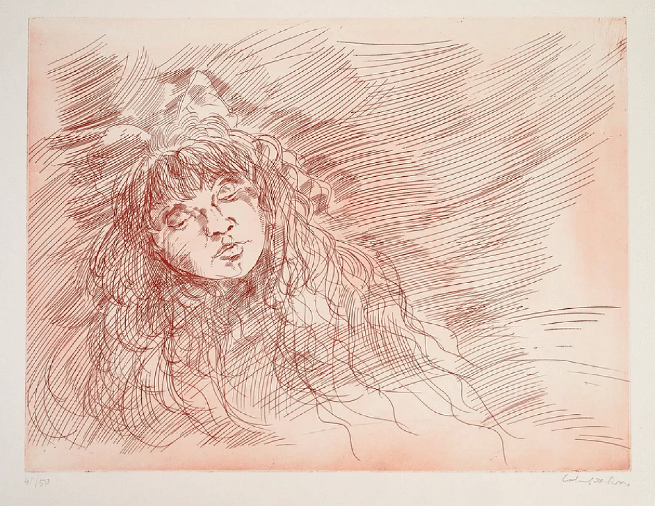 Female face, lithograph by Enrico Colombotto Rosso, 1970s 1