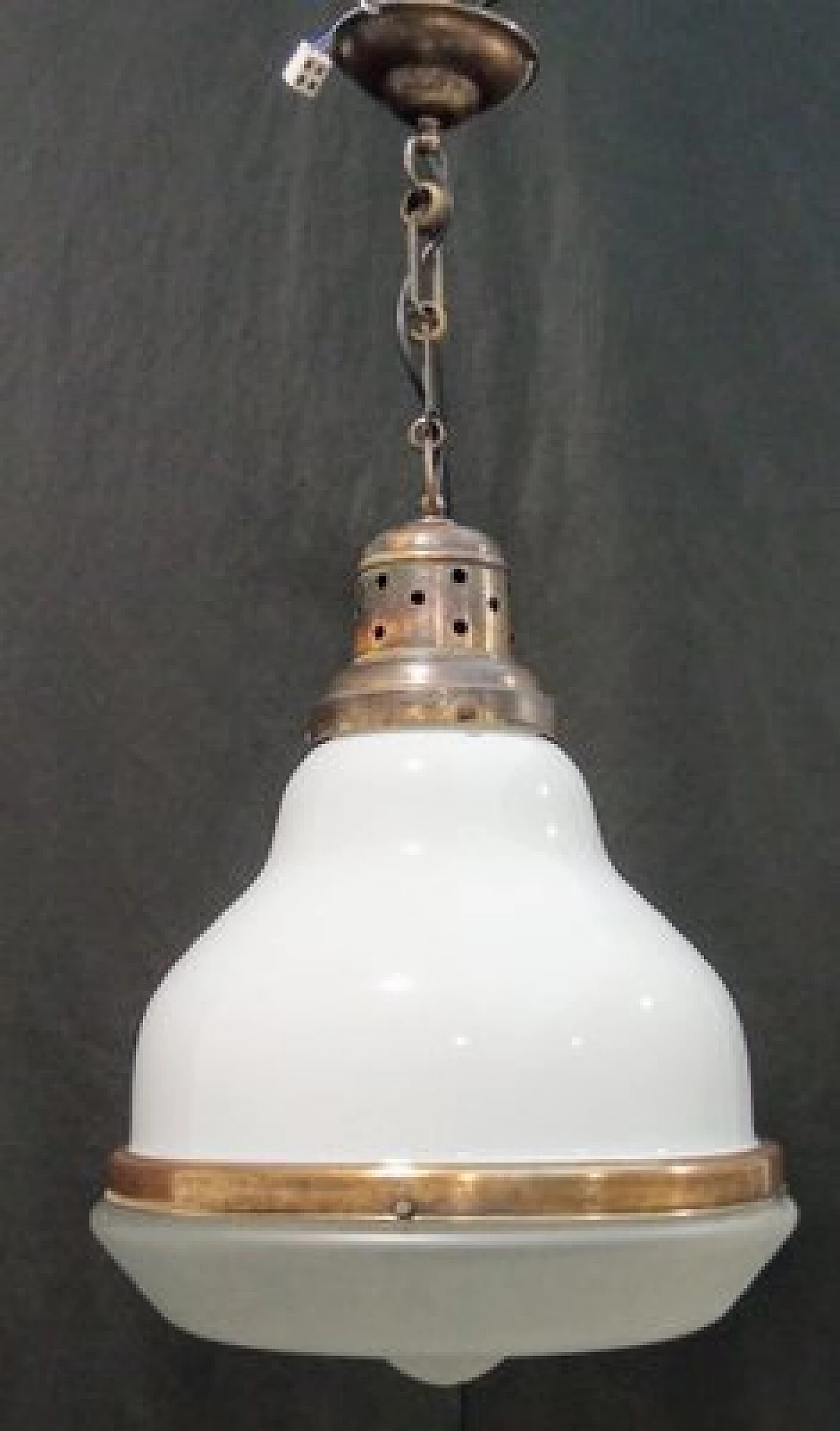 Brass and etched opaline glass chandelier, 1930s 1
