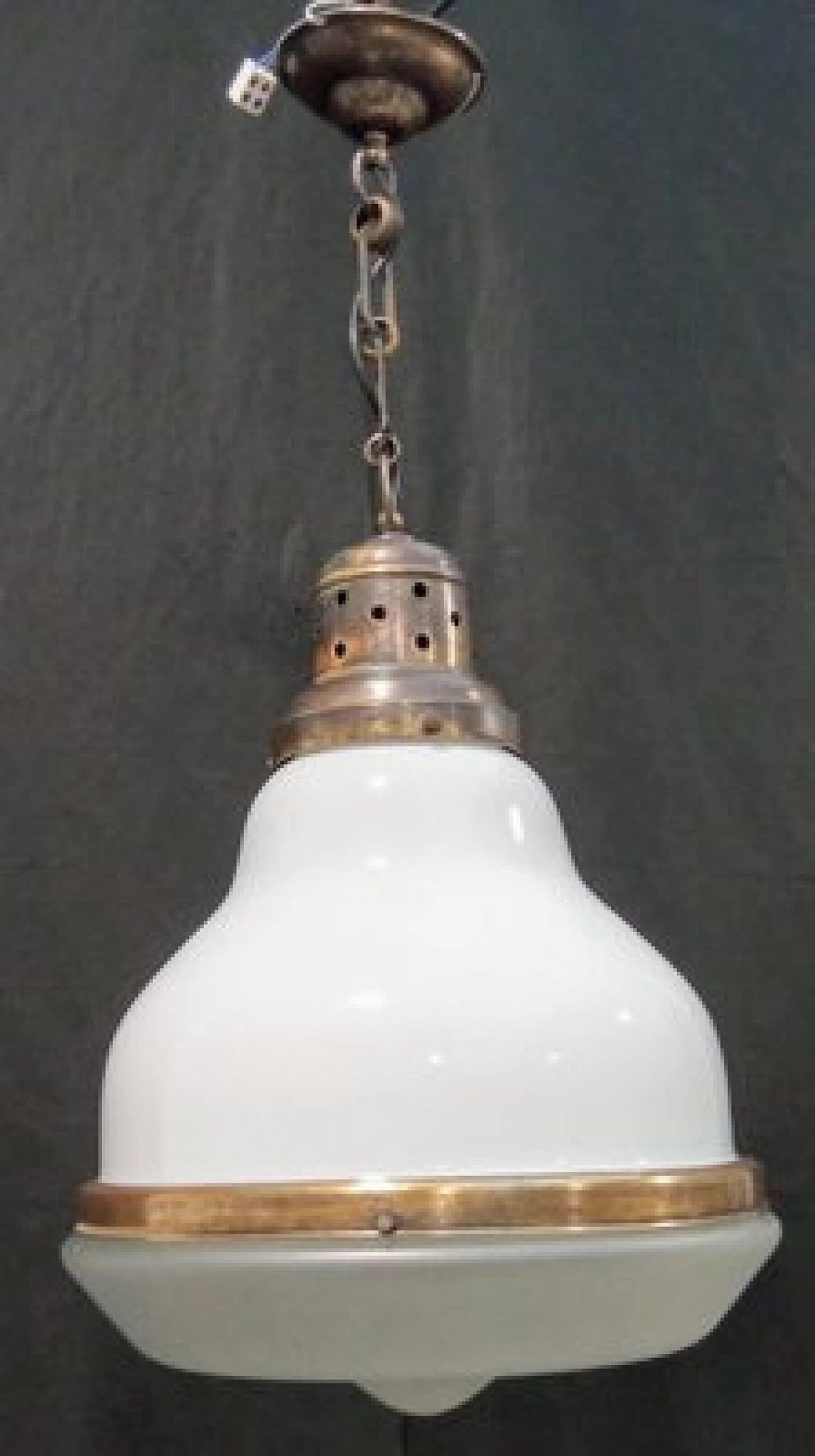 Brass and etched opaline glass chandelier, 1930s 4
