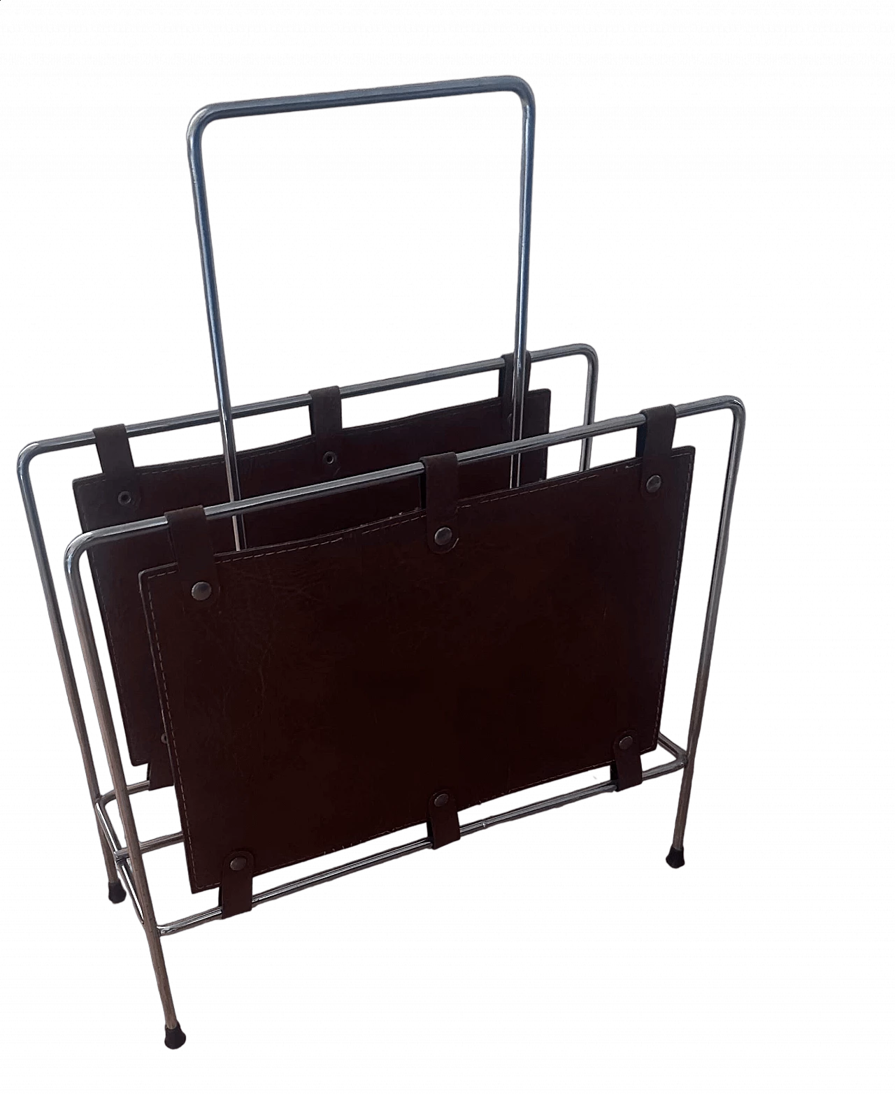 Stainless steel and leather magazine rack, 1980s 10