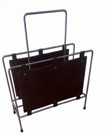 Stainless steel and leather magazine rack, 1980s