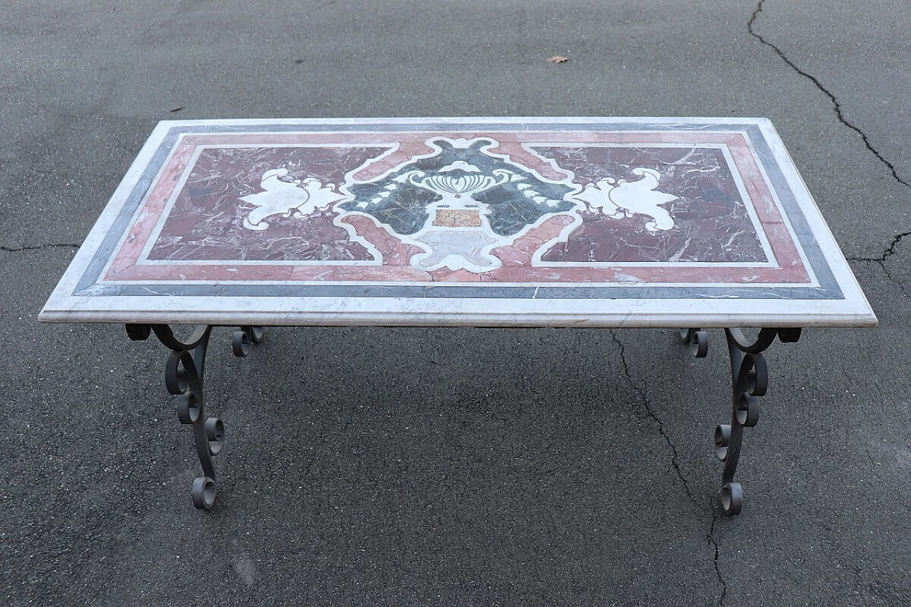Iron garden table with marble top, 20th century 5