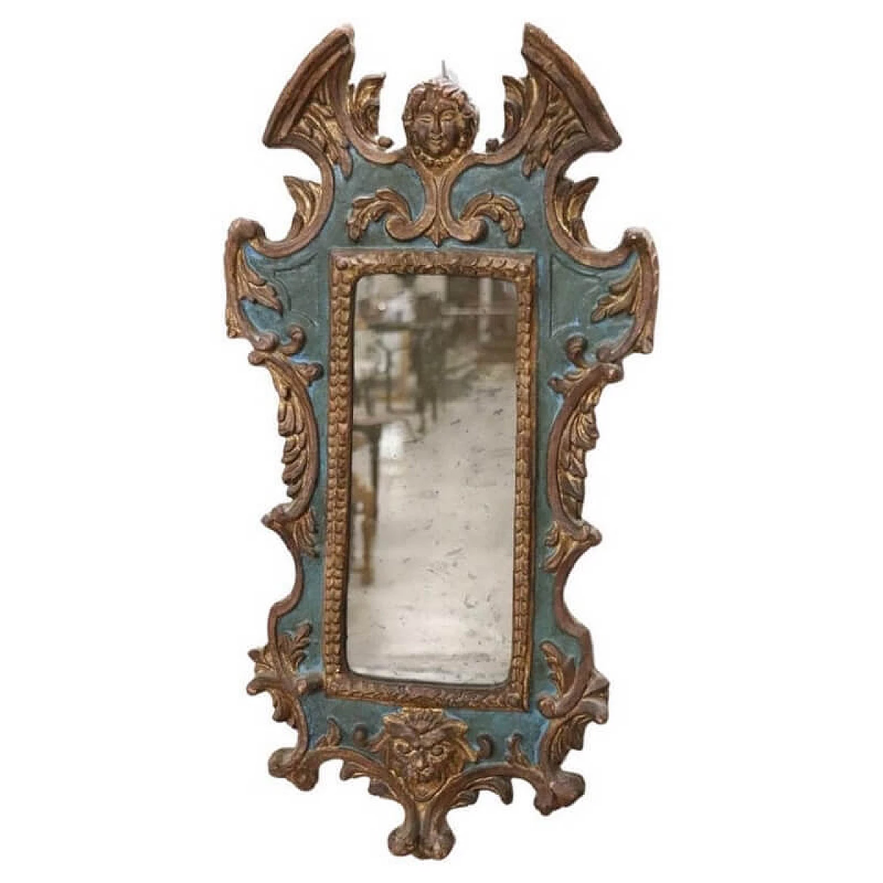 Blue and gold wooden mirror in Gothic style, 20th century 1