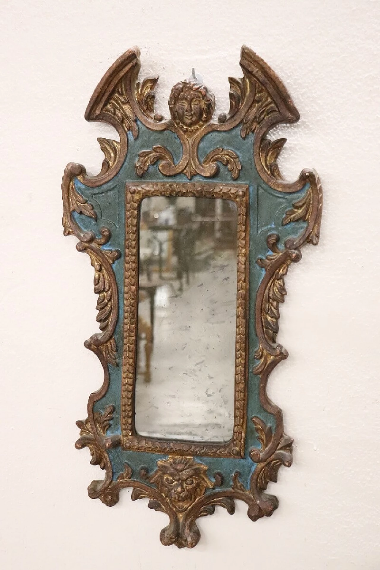 Blue and gold wooden mirror in Gothic style, 20th century 2
