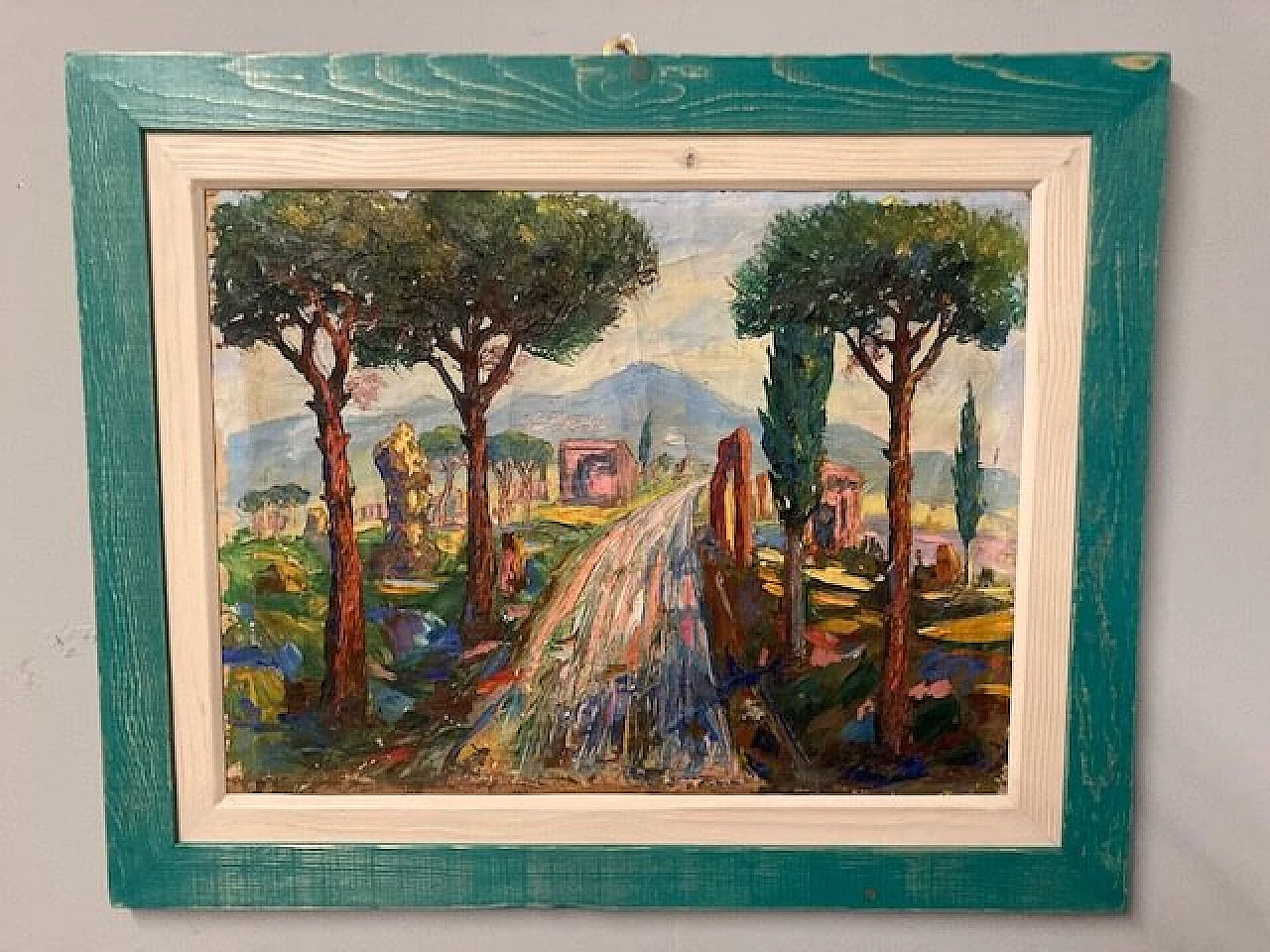 Viale alberato, dipinto a olio su tela, anni '40 1