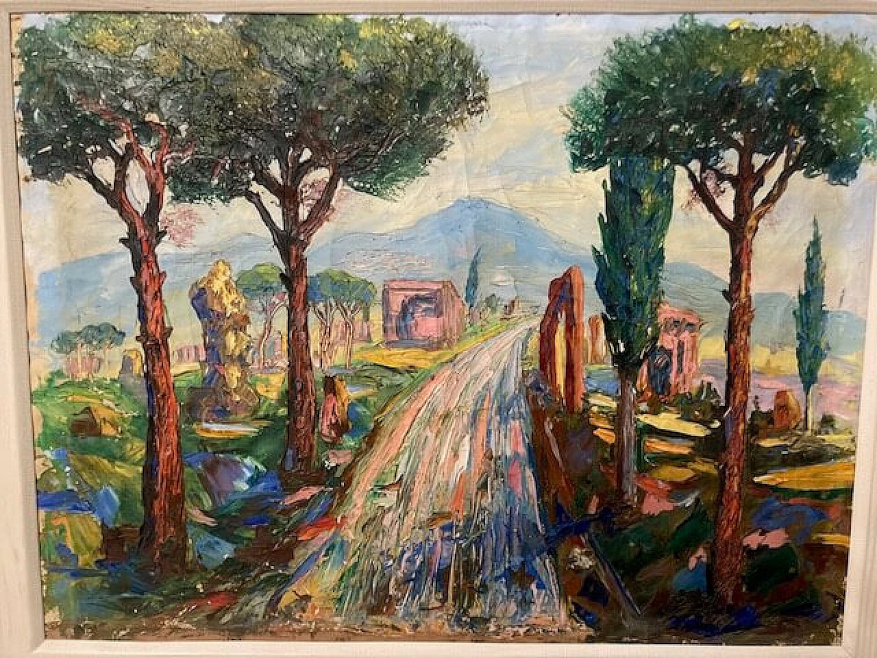 Viale alberato, dipinto a olio su tela, anni '40 2