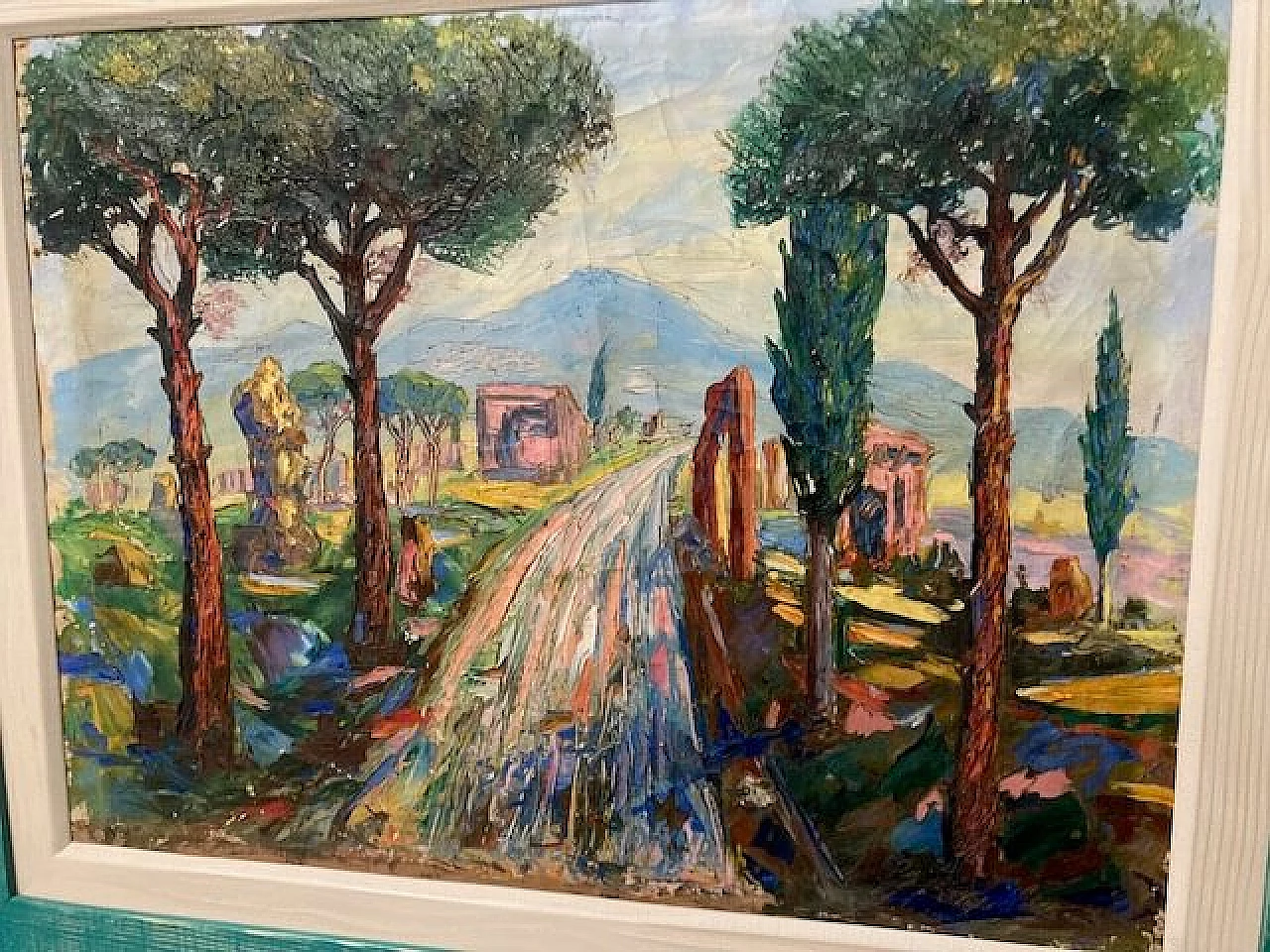 Viale alberato, dipinto a olio su tela, anni '40 7