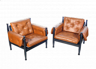 Pair of lacquered wood armchairs with leather upholstery, 1970s